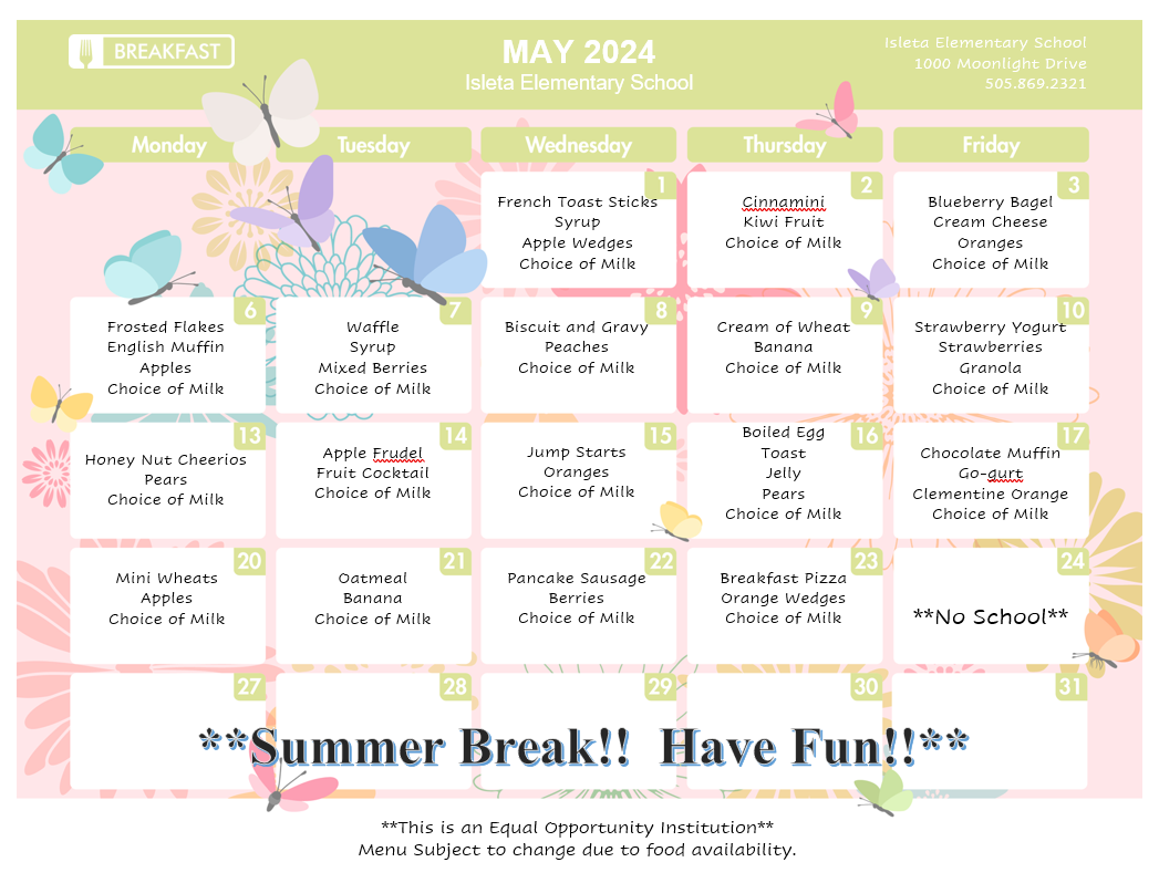 May Breakfast Menu with what is for breakfast each day in monthly calendar format.
