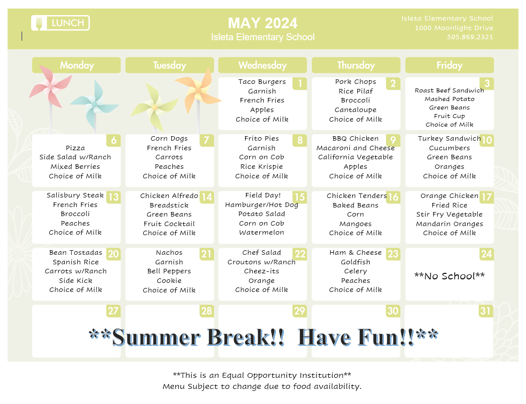 May Lunch Menu with what is for lunch each day in monthly calendar format.