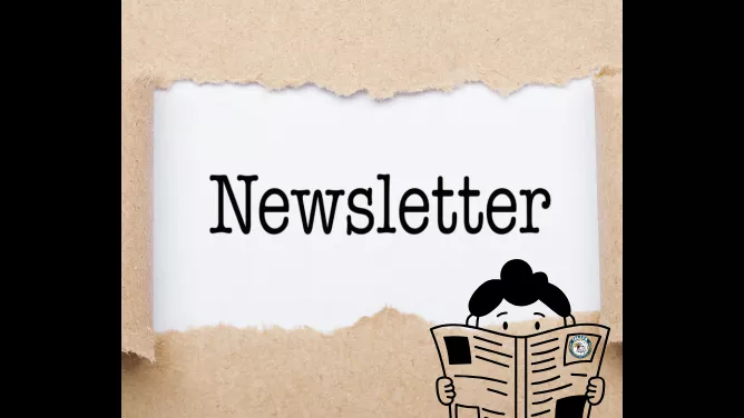 picture with a label stating "newsletter" and a person reading the newspaper at the bottom corner