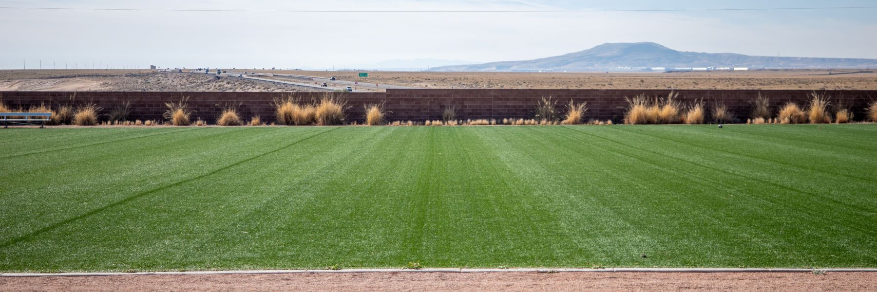 A soccer field with green grass, the road with cars in the distance and a tall mountain in the background.