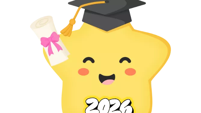 yellow star with a graduation cap and holding a diploma